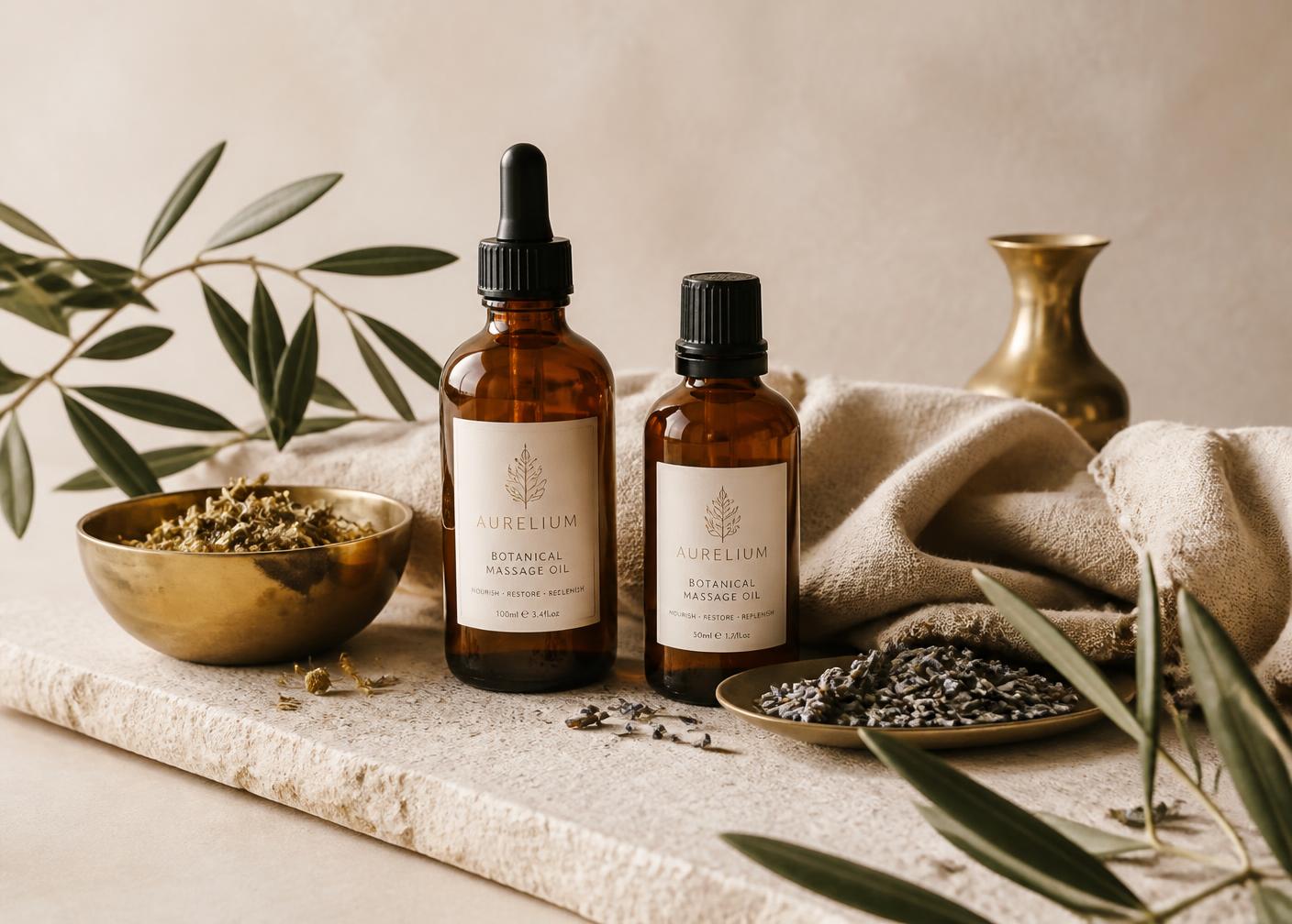 Botanical massage oils with olive leaves and dried herbs