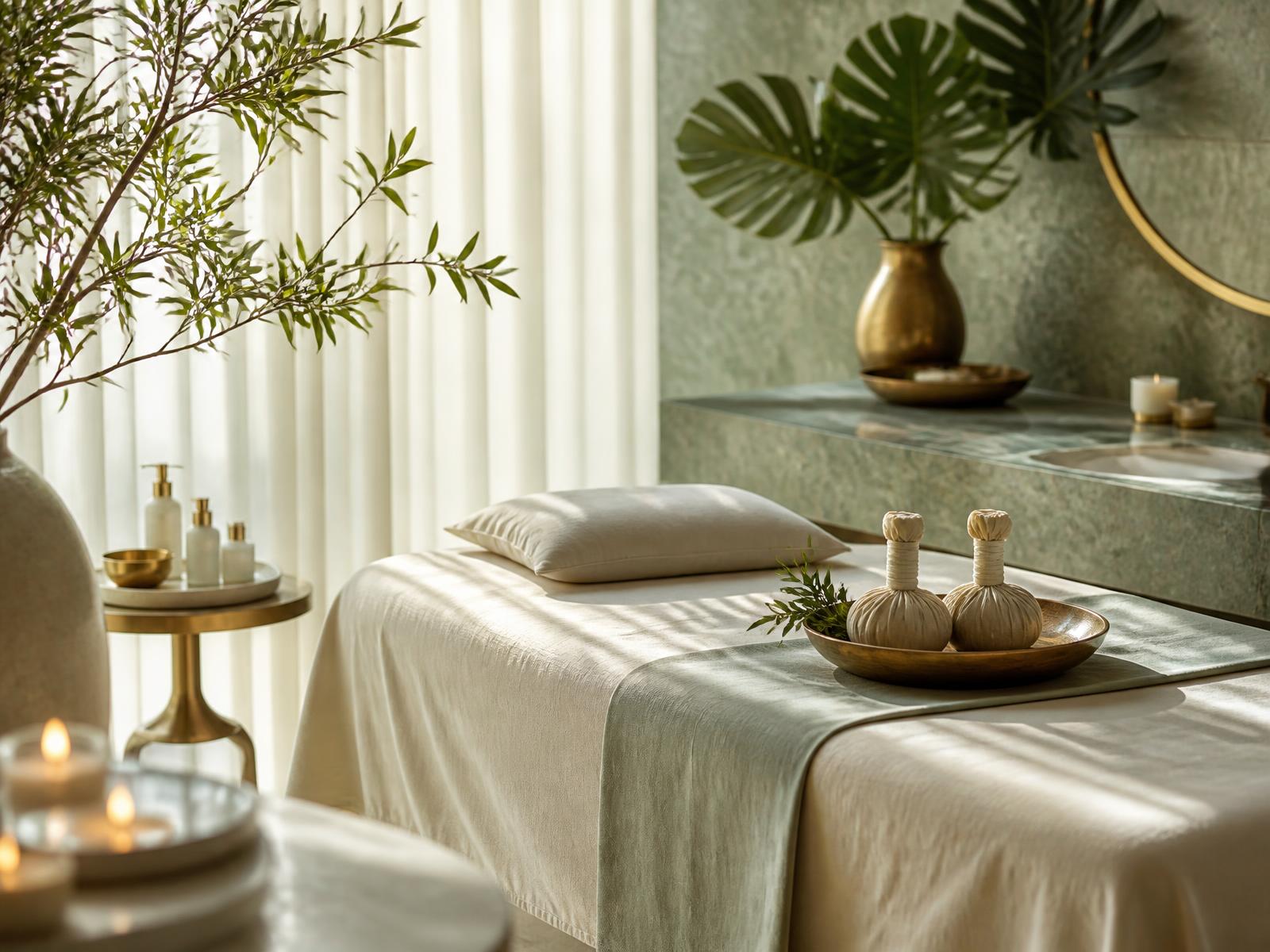 Ivory treatment room with herbal compresses and olive branches
